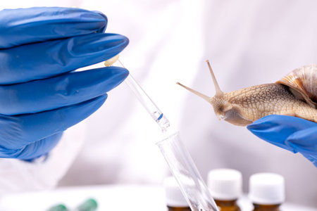 A scientist in a protective suit with a snail in his hands. Study of the properties of snail mucin....