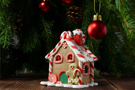 Gingerbread house on the background of the Christmas tree.の写真素材