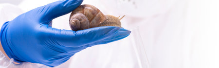 A scientist takes mucin from a snail in a test tube. Study of the properties of snail mucin. The use of snail mucus in cosmetology. Skin care and beauty concept.の写真素材