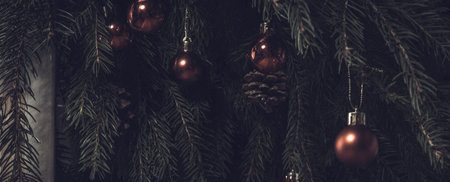 Christmas tree with Christmas balls wallpaper. Christmas tree background.の写真素材