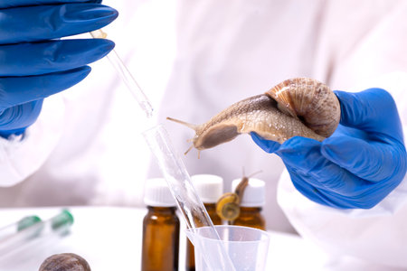 A scientist takes mucin from a snail in a test tube. Study of the properties of snail mucin. The use of snail mucus in cosmetology. Skin care and beauty concept.の写真素材