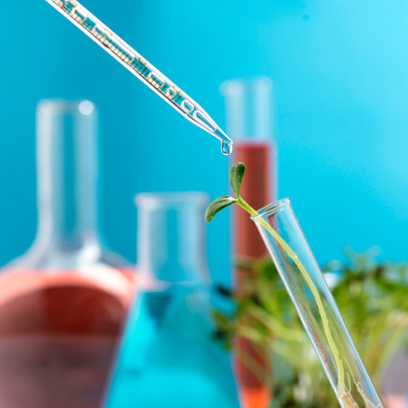 Microgreen sprout in a chemical test tube. Research on the beneficial properties of microgreens.の写真素材
