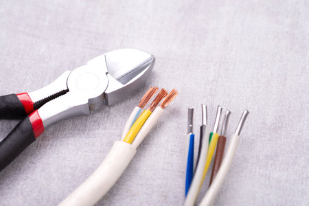 Electric cables without insulation and wire cutters on a gray table.の写真素材