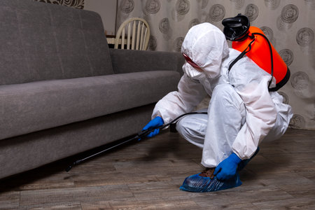 An exterminator in work clothes sprays pesticides with a spray gun. Fight against insects in apartments and houses. Disinsection of the premisesの写真素材