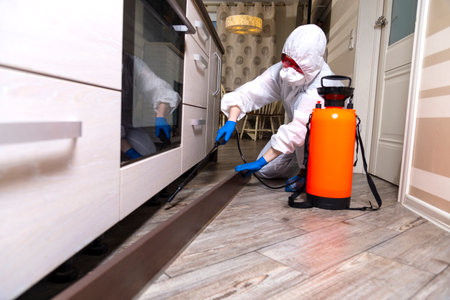 An exterminator in work clothes sprays pesticides with a spray gun. Fight against insects in apartments and houses. Disinsection of the premisesの写真素材