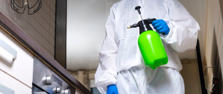 An exterminator in work clothes sprays pesticides with a spray gun. Fight against insects in apartments and houses. Disinsection of the premisesの写真素材
