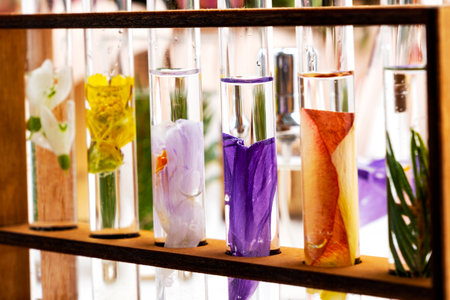 Fresh flowers in chemical test tubes on the table. Preparation of perfumes from natural ingredients, aromatherapyの写真素材