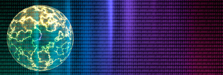Futuristic neon background. Sparkling planet on a background of binary code, the concept of the future of cyberspace.の写真素材