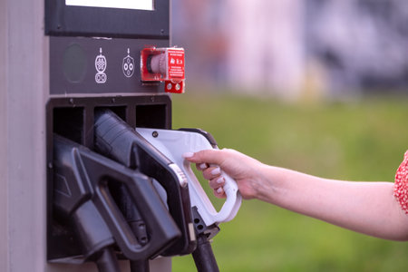 Electric Vehicle (EV) Charging Station with Ev Vehicle Power Cable Power Plug. NFC payment. smart...