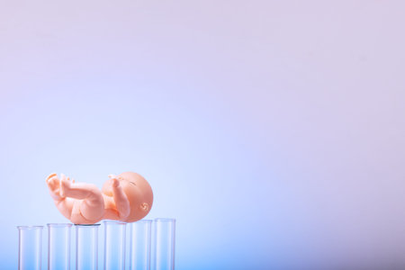 Figurine of a pupa on chemical test tubes. Concept of artificial insemination, test tube baby.の写真素材