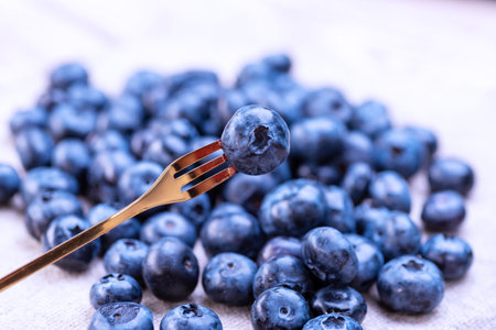 Freshly picked blueberries on a metal fork. blueberries close up.の写真素材