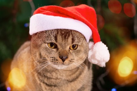 A Scottish Fold cat wearing a Santa hat sits above the holiday lights. Christmas pet concept. Kitten on a Christmas bokeh studio backgroundの写真素材