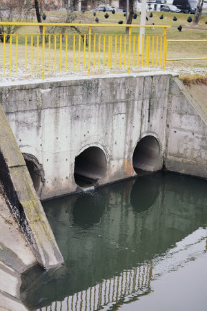 drain pipe or effluent or sewer release wastewater into river. Sewage or domestic wastewater or municipal wastewater that is product by community of people. waste water is any water that has been useの写真素材