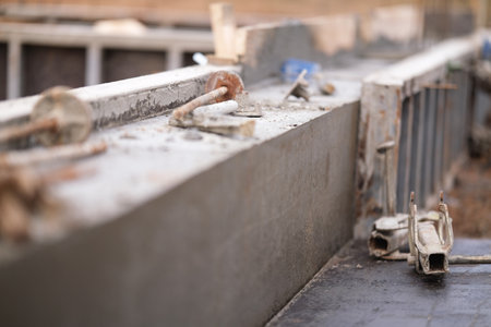 Construction of pile-grillage foundation. Monolithic foundation with metal reinforcement. Monolithic concrete foundation. House constructionの写真素材