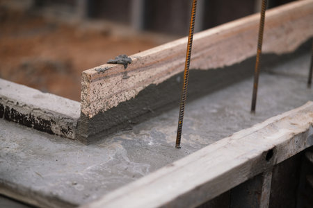 Construction of pile-grillage foundation. Monolithic foundation with metal reinforcement. Monolithic concrete foundation. House constructionの写真素材