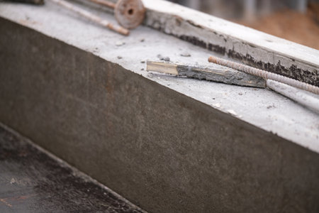 Construction of pile-grillage foundation. Monolithic foundation with metal reinforcement. Monolithic concrete foundation. House constructionの写真素材