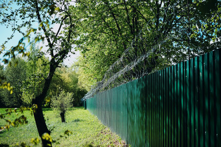 Green Fence With Barbed Wireの写真素材