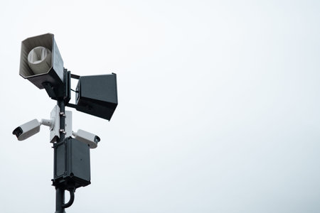 Lots of CCTV cameras on a high poleの写真素材