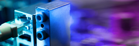 Fiber optic cables connected to optical ports and network cables connected to internet ports