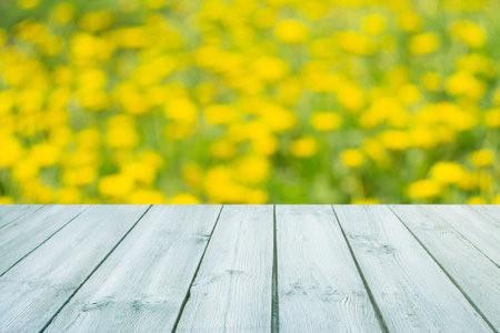 Empty blue wooden table with blurred city park on background. concept party, products, spring...