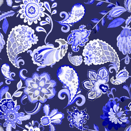 Watercolor seamless pattern with flowers and leaves in ethnic style. Floral decoration. Traditional paisley pattern. Textile design texture.Tribal ethnic vintage seamless pattern.の写真素材