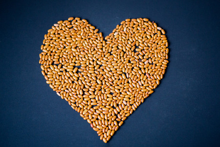 Heart of cereals and pasta on a blue background. Pasta and cereals.の写真素材