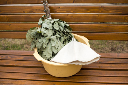 Russian bath, broom, basin and other accessoriesの写真素材