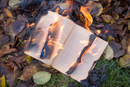 The burning book lies on a wooden bench. The book burns.
