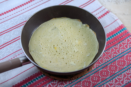 The Russian pancakes with a stuffing on a white plate on a light background. Maslenitsa.の写真素材