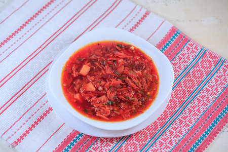 First course, soup borsch from cabbage and beet with greens.の写真素材