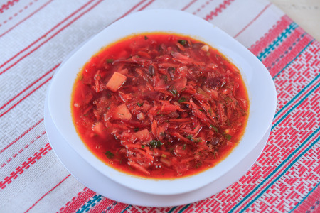First course, soup borsch from cabbage and beet with greens.の写真素材