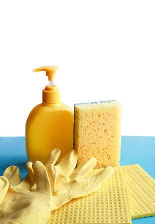 mockup. latex gloves, sponge and disinfectant on a blue and white background. hygiene concept, copy spaseの写真素材