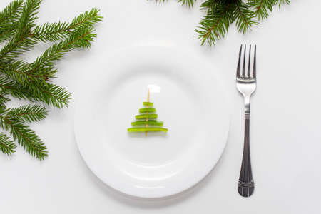 Christmas funny food, christmas tree on white plate. New Year food background top view. Holiday, celebration, food art conceptの写真素材