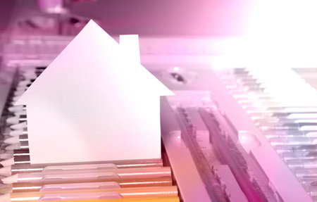 A house of paper, pencils and markers for creativity. toning and selective focus with space for text. The concept of a child's dream of a home, a future, educationの写真素材