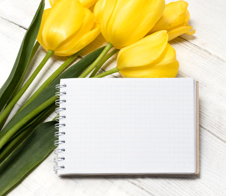 A bouquet of yellow tulips for Mother's Day, Women's Day, Family Day, Love and Loyalty, mother-in-law. mockup with place for text. greeting card, Festive Backgroundの写真素材