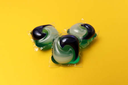 Gel laundry capsules. Detergent pods. Detergents and laundry conceptの写真素材