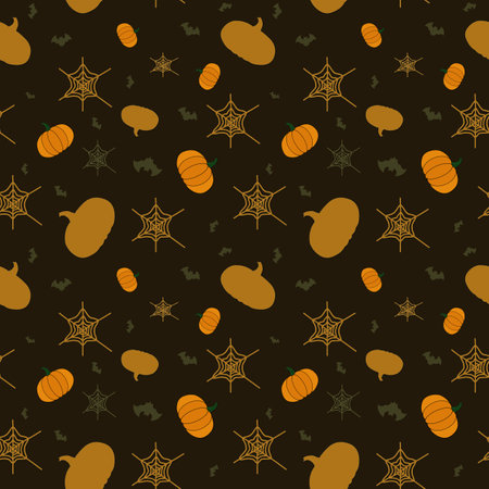 Halloween template. Halloween festive seamless pattern with pumpkin, bats, spider web. Endless pumpkin background. illustration for fabric design and gift wrapping. Halloween backgroundの写真素材