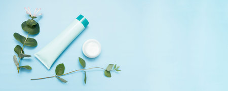 Natural cosmetic hygienic cream, top view, copy space. Dermatology, organic skin care concept, banner. SPA organic natural cosmetic cream jars. Hand skin care, moisturizer and treatment concept.