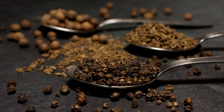 Black pepper, allspice and cumin on spoons close-up, copy space. The concept of using spices in...