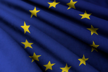 Blue Flag of the European Union with yellow stars. fEuropean union flag, round icon. The official colors are correct. Circle ring of yellow gold stars on a blue background. EU symbol. Europe flag,の写真素材