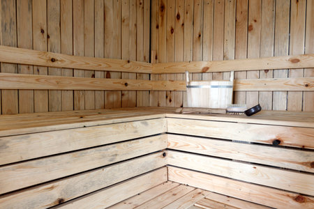Front view of empty Finnish sauna room. Modern interior of wooden spa cabin with dry steam. high quality photoの写真素材