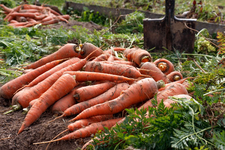 Harvest organic carrots grown by farmersの写真素材