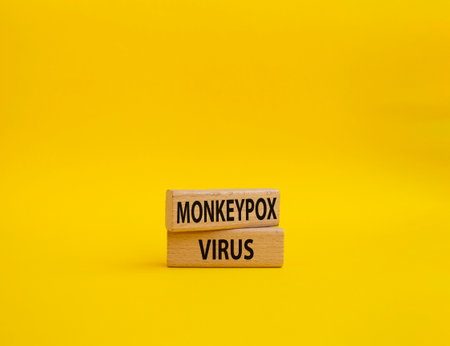 Monkeypox virus symbol. Concept word Monkeypox virus on wooden blocks. Beautiful yellow background. Medicine and Monkeypox virus concept. Copy spaceの写真素材