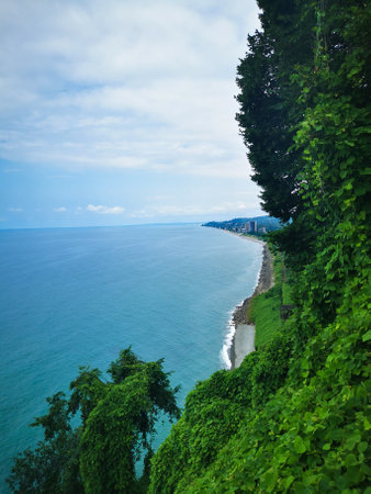 Batumi, Adjara Georgia beautiful Black Sea coast with green forest. Botanical garden hill view. Summer day, scenic landscape with blue water and beautiful view. wallpaperの写真素材
