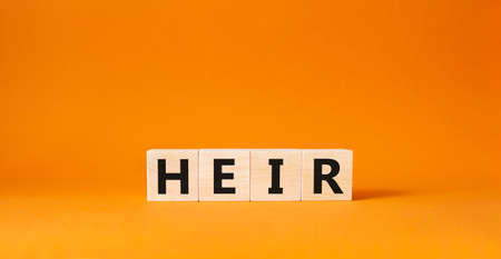 Hair symbol. Concept word Heir on wooden cubes. beautiful orange background. Business and hair concept. copy spaceの写真素材