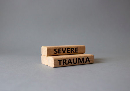 Severe trauma symbol. Wooden blocks with words Severe trauma. Beautiful gray background. Business and Severe trauma concept. copyspace.の写真素材