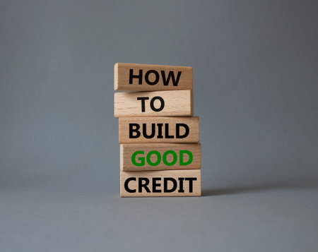 How to build a good credit symbol. Concept words How to build good credit on wooden blocks. Beautiful gray background. Business and How to build good credit concept. copyspace.の写真素材