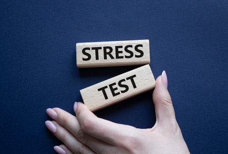 stress test symbol. Wooden blocks with words Stress test. Beautiful deep blue background....