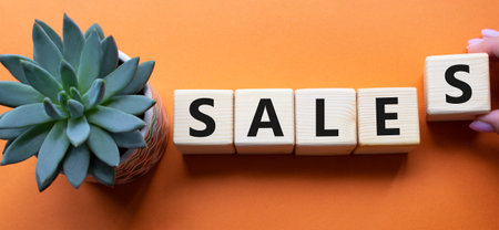 sales symbol. Concept word Sales on wooden cubes. businessman hand. Beautiful orange background with succulent plant. business and sales concept. copyspace.の写真素材
