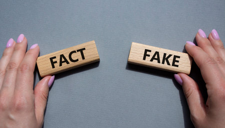 Fact or Fake symbol. Concept word Fact or Fake on wooden blocks. businessman hand. Beautiful gray...